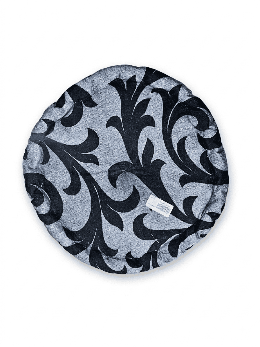 Round Black & Grey Scroll Print Stool Cushion.,